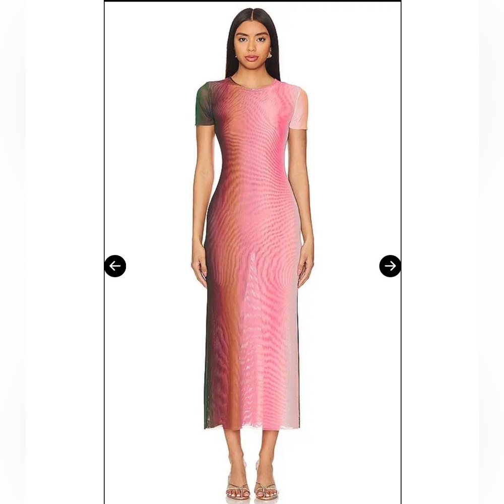 Misa Los Angeles Pink and Green Sheer Mesh Midi Dress